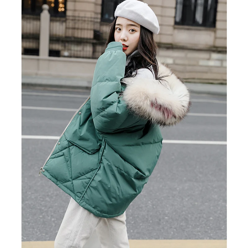 FTLZZ Women Winter Jackets White Duck Down Large Natural Raccoon Fur Hooded Parkas Warm Female Down Coat Snow Outwear