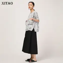 [XITAO] Для женщин Корея Мода 2019 лето с круглым вырезом короткий рукав Свободная Женская рубашка в горошек платье с разрезом Повседневная