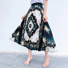 Пляжная юбка в стиле бохо с цветочным принтом, большие размеры, длинная юбка макси, летний комплект пуловер+ кожаная юбка, Корейская винтажная уличная юбка трапециевидной формы