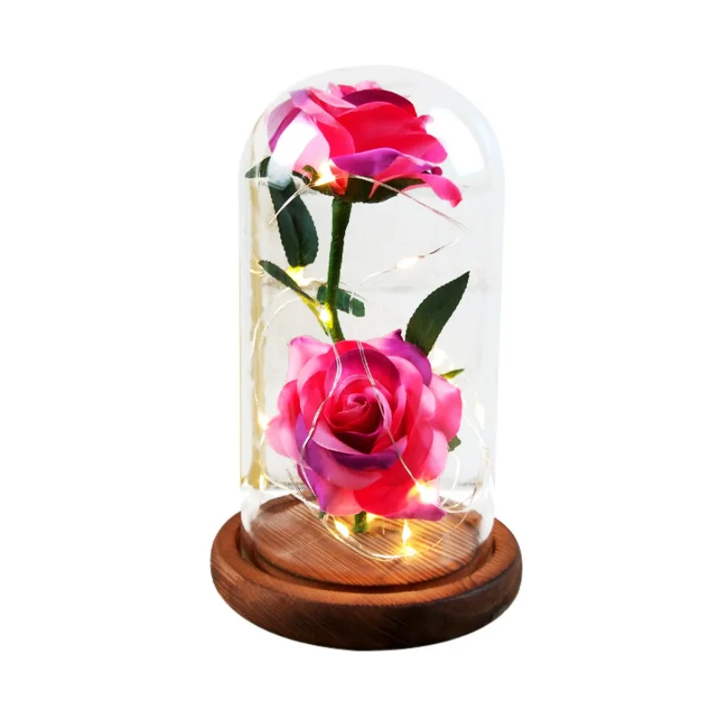 Подарок на день рождения Красавица и Чудовище красная роза упавшие лепестки в стеклянном куполе на деревянной основе на Рождество