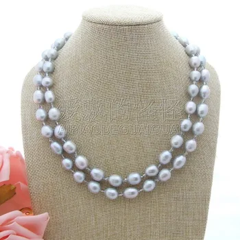 

N050108 18''-19'' 2 Rows 10x12mm Grey Rice Pearl Crystal Necklace