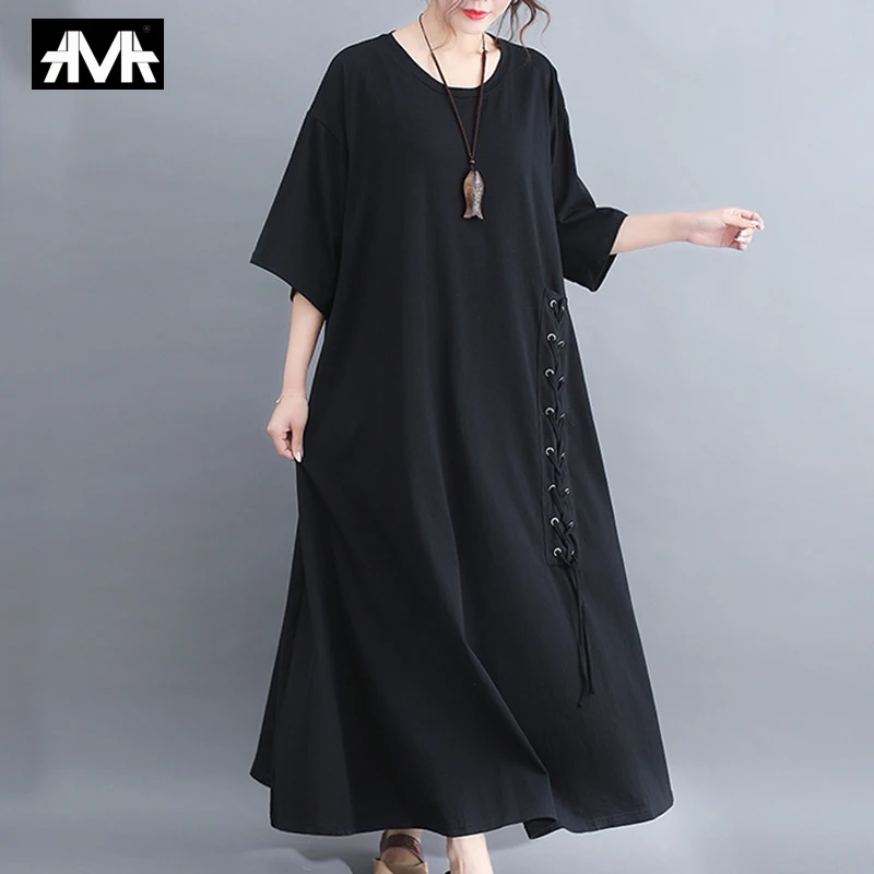 

Simple style Summer Women's Dress 2019 New Cotton and linen Large size Simple Femme Dresses Fashion Loose Long sleeve dress
