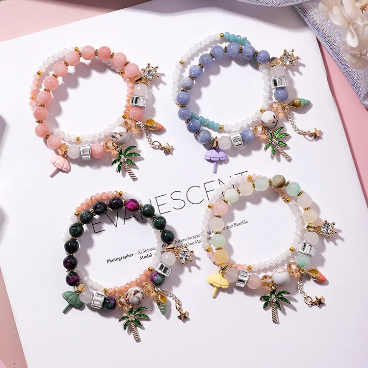 

Seaside Holiday Cute Coconut Shell Pendant Double Layers Crystal Beaded Bracelet Bangles for Women Girl Birthday Gift Jewelry
