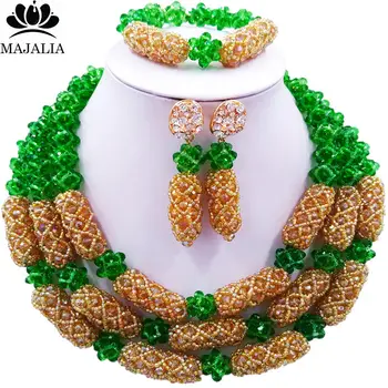 

Majalia Luxury Ladies African Jewelry Nigerian Wedding Set Green and Gold ab Crystal Necklace Bride Jewelry Sets 3WS012