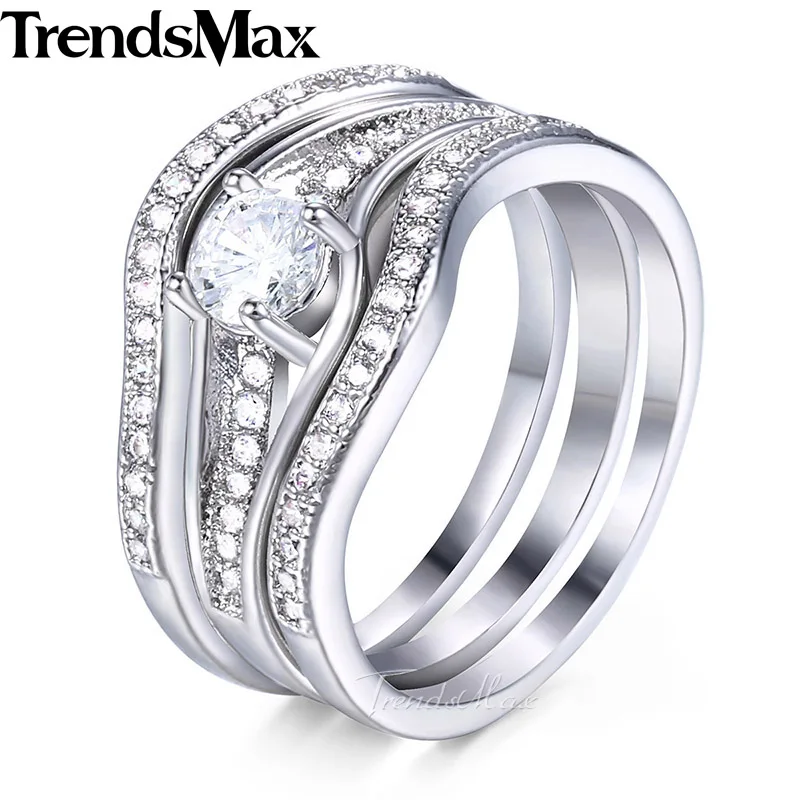 Trendsmax Paved Round Cubic Zirconia CZ Wedding Band Ring Set For Women White Gold Filled Fashion Jewelry KGR44