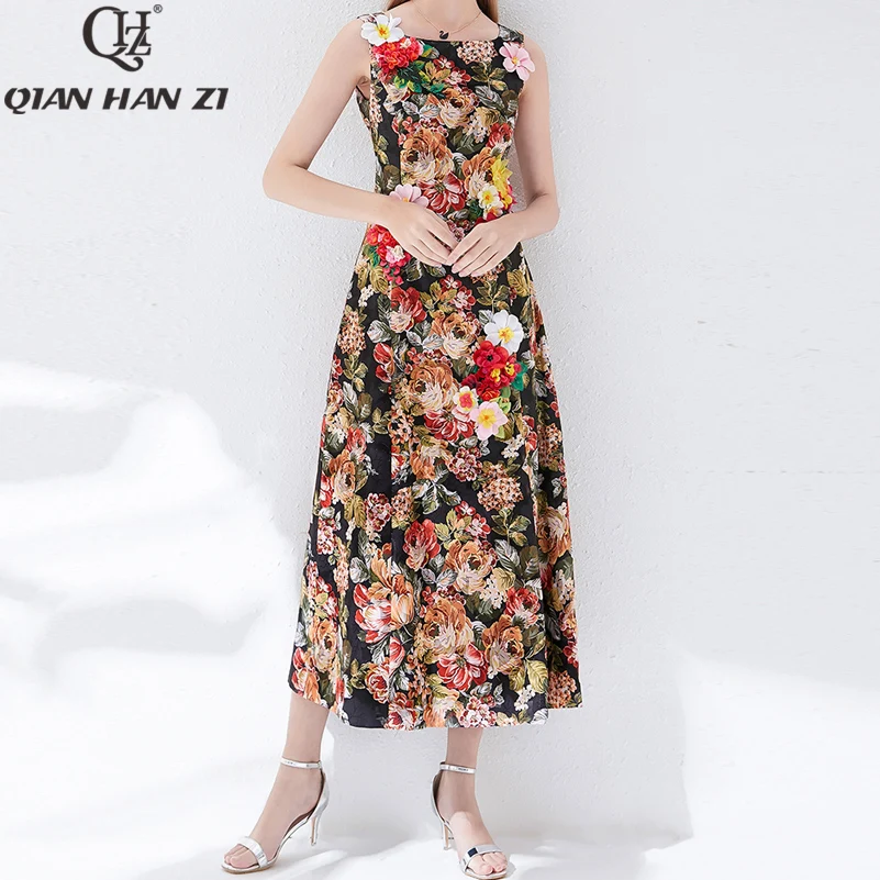 

Qian Han Zi newest 2019 Designer Fashion Summer Maxi Dress Women's Sleeveless Vintage Floral Print Slim Applique Long Dress