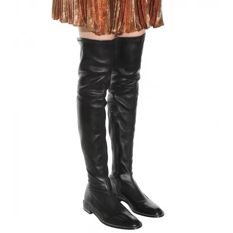 

Spring New Fashion Women Smooth Black Round Toe Chain-trimmed Over-the-knee Boots Thigh Zip Fastening Along Side Flat Boots