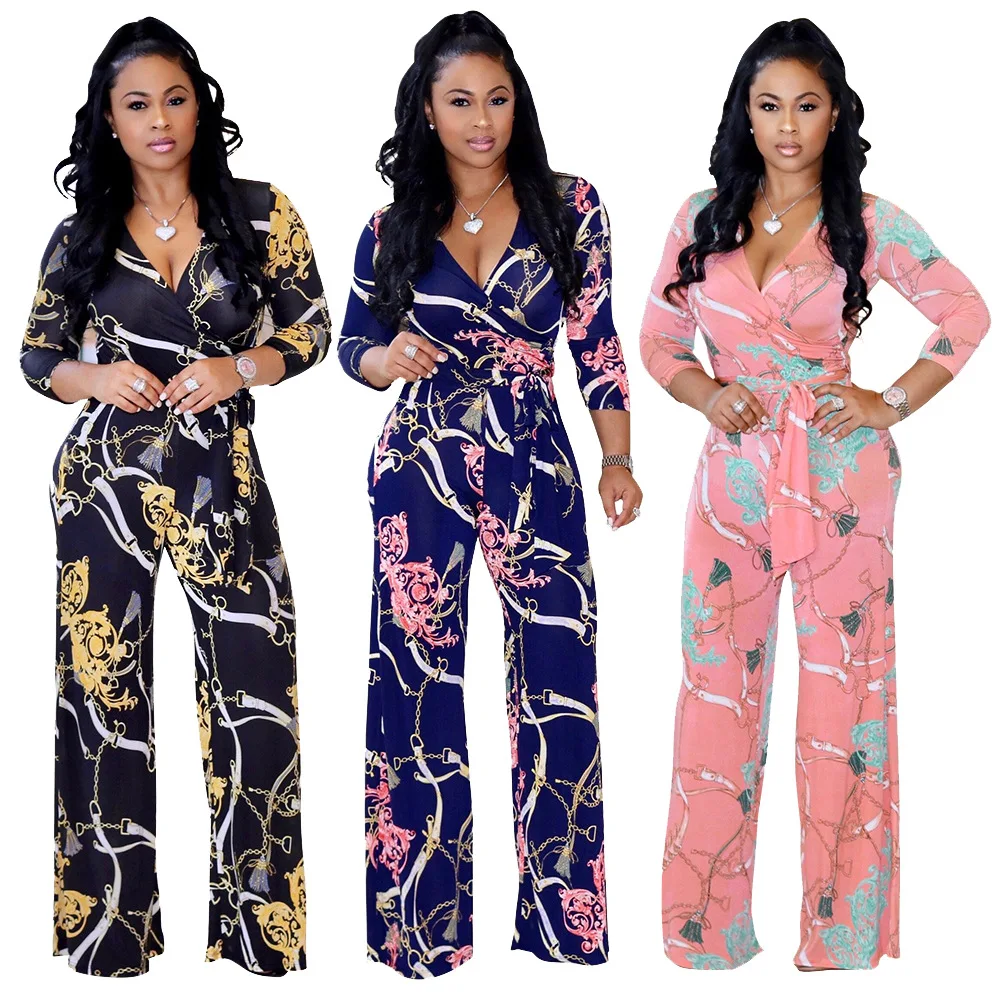 Plus Size Women Floral V Neck Bandage Jumpsuits Long Sleeve Bodycon ...