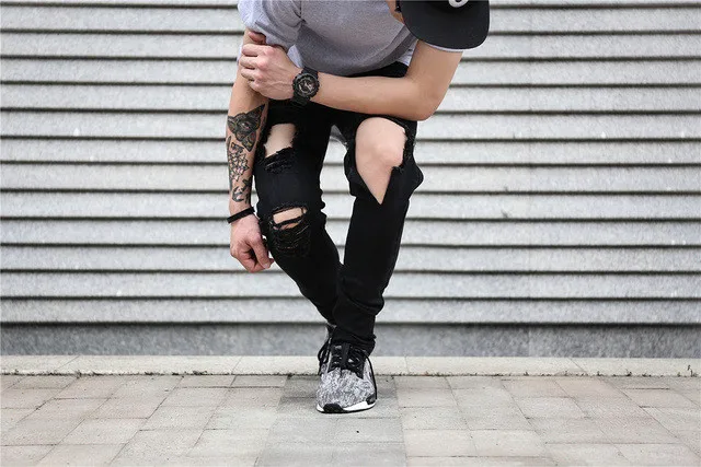 Новые осенние мужские рваные джинсы в стиле хип-хоп байкерские рваные джинсовые брюки мужские брюки для бега узкие джинсы с боковой молнией homme