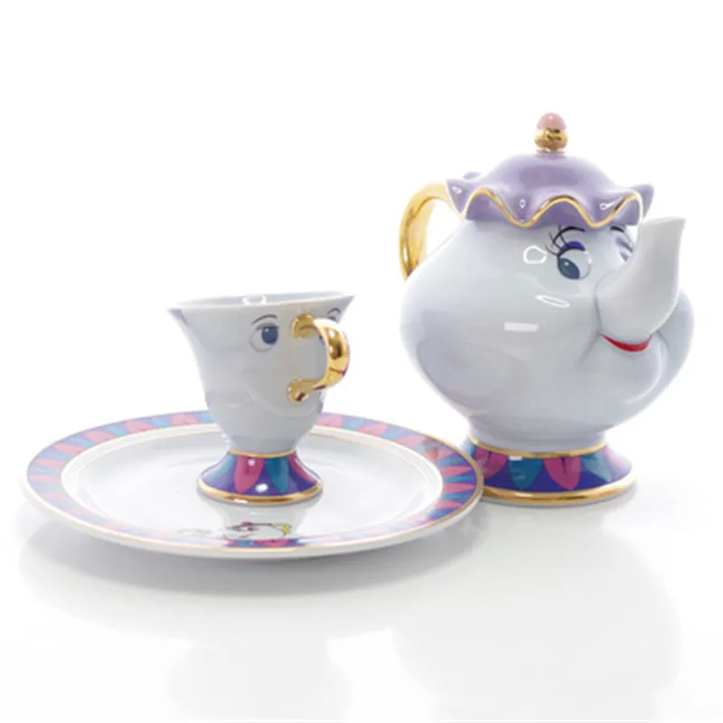 

18K Gold-plated Painted Ceramic Teapot Set Beauty And The Beast Plates Mrs Potts Chip Mug Home Ornaments Christmas Gifts