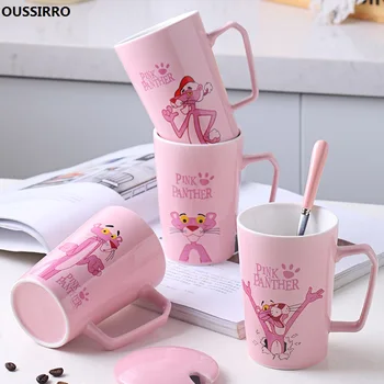 

OUSSIRRO Fashion Pink lovely leopard Milk Mugs Creativity High Quality Ceramic Mug Lovers Student Cartoon Drinking cup