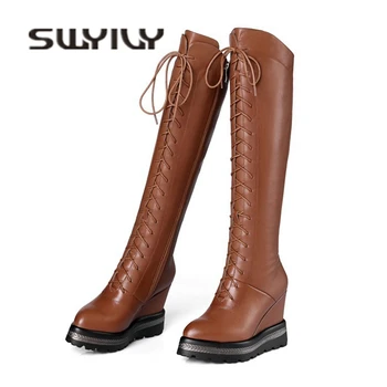 

SWYIVY Winter Snow Boots Platform Wedge Genuine Leather 2018 New Female Lacing Up Casual Shoes Boots High Velvet Warm Snow Boot