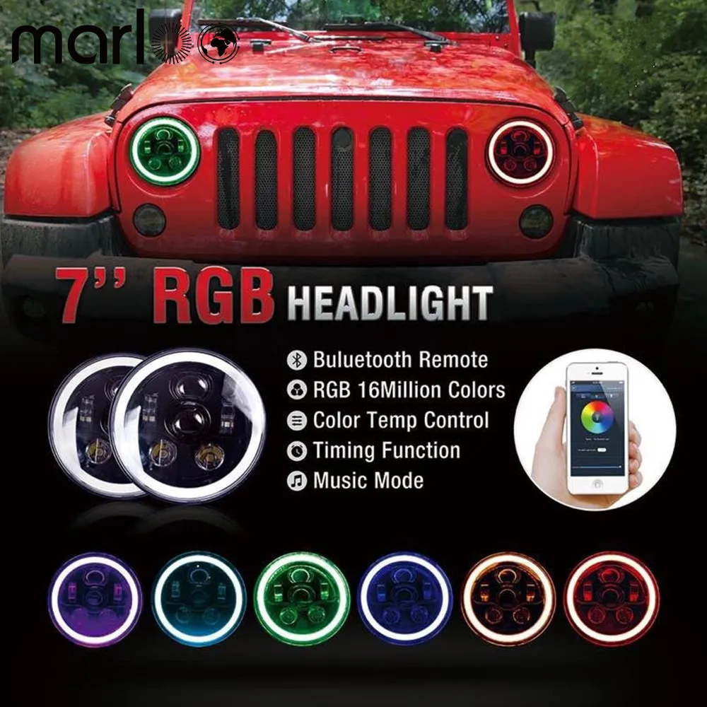 For Jeep Wrangler JK TJ Led Headlight RGB 7Inch 90W With Bluetooth Remote Control Music Model Halo Ring Angel Eyes | Автомобили и