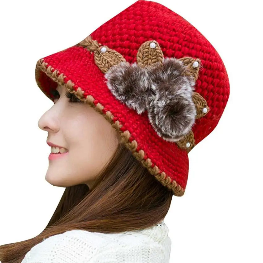 Womail CharmDemon модные женские туфли леди зимний теплый вязанный вязаные украшенные цветами ушами на капюшоне, se12J. 30 - Цвет: Красный