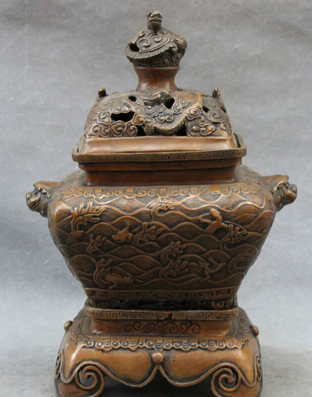 

S4815 10" Tibet Bronze Buddhism Dragon Head Lion Statue Folk Incense Burne Censer D0318