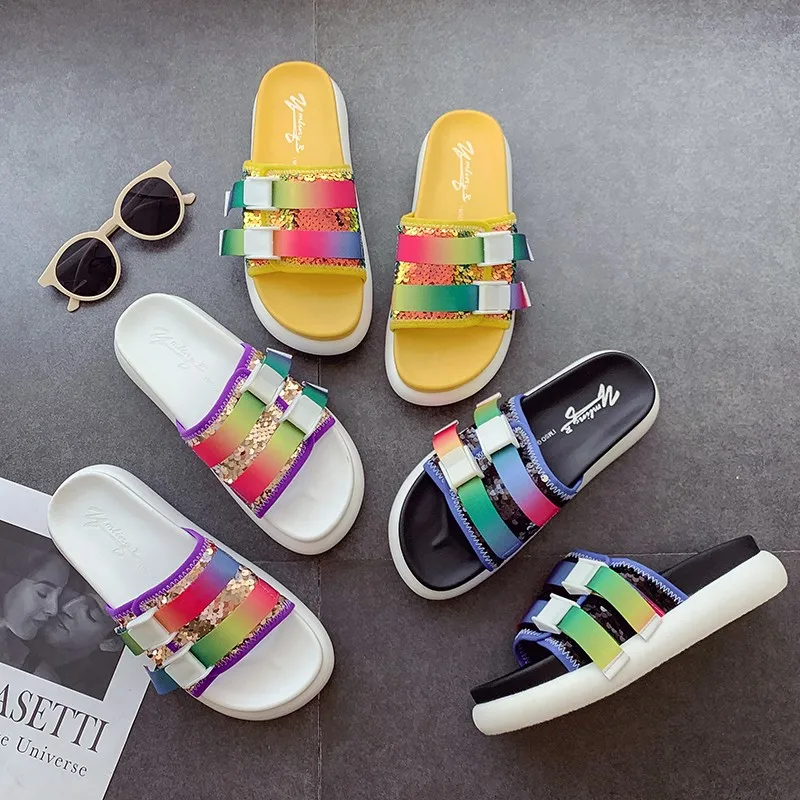 

2019 Summer New Slides Slippers Women Shoes Flat Comfortable Peep Toe Buckle Platform Slippers Multicolor Casual Beach Sandals