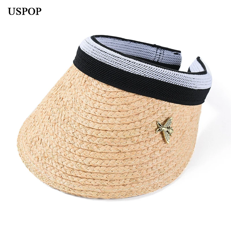 

USPOP 2019 New women raffia sun hats bow wide brim straw hats without top casual bee decoration straw visor caps beach hat