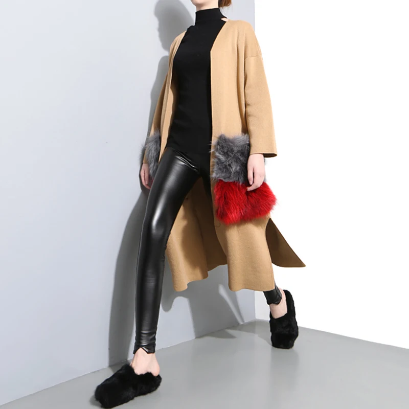 TWOTWINSTYLE плащ из искусственного меха Женский лоскутный вязаный кардиган с v-образным вырезом и большим карманом для женщин Весенняя мода новинка