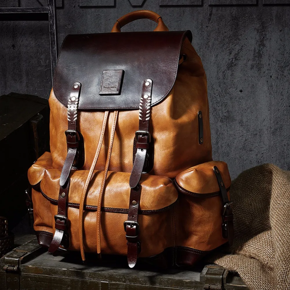 

Luxury Cow Leather Backpack Large capacity man travel mountaineering handmade bag drawstring Multiple pockets backpack Daypack