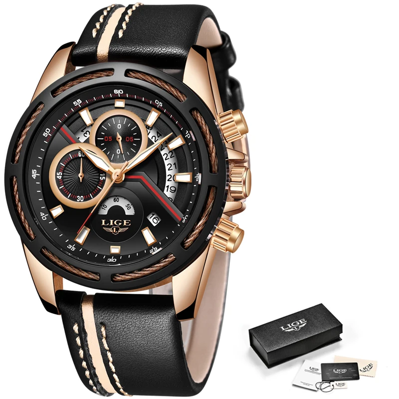 

LIGE Mens Watches Top Brand Luxury Quartz Gold Watch Men Casual Leather Military Waterproof Sport Wristwatch Relogio Masculino