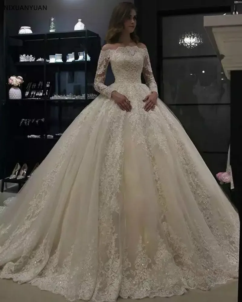 

Vestido De Noiva 2019 Muslim Wedding Dresses Ball Gown Strapless Long Sleeve Lace Dubai Arabic Wedding Gown Ivory Bride Dress