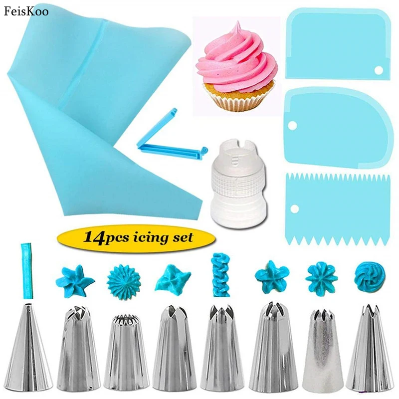

14pc/set Stainless Steel Pastry Nozzles for Cream with Pastry Bag Decorating Cake Icing Piping Confectionery Baking Tool Scraper