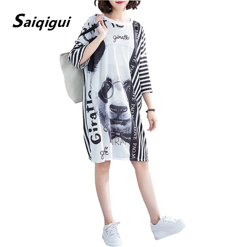 

Saiqigui 2019 fashion spring summer dress women dress casual Loose large size Mesh Print O-Neck dress vestidos robe femme