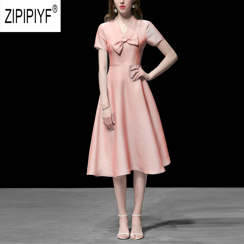 

Euro Style Fashion Women Dresses V Neck Bow Bandage Design Ball Gown High Waist Vintage Dresses Party Casual Elegant Dress Z1954