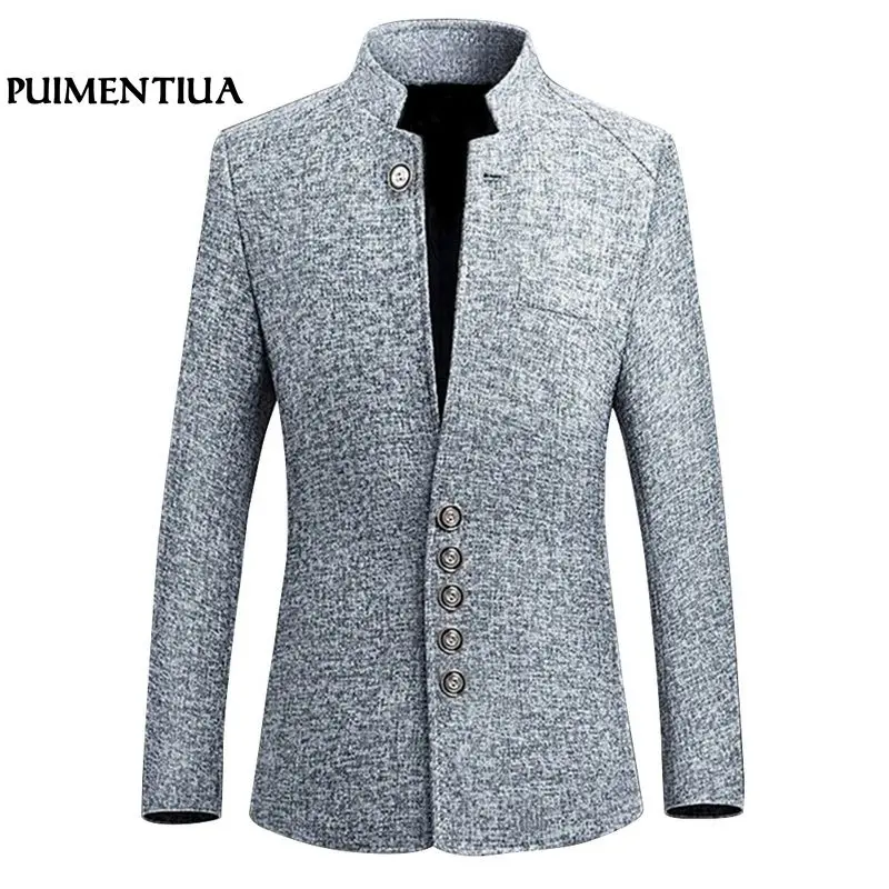

Puimentiua Stand Collar Men Business Suit Jacket Slim Formal Dress Blazers Single Breasted Jackets Men chaqueta hombre formal