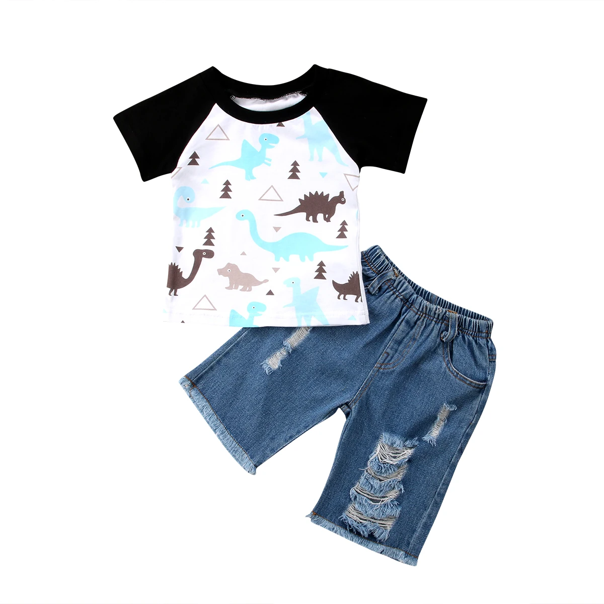 2PCS Toddler Boy Dinosaur Print Short Sleeve T shirt+Denim Hole Pants