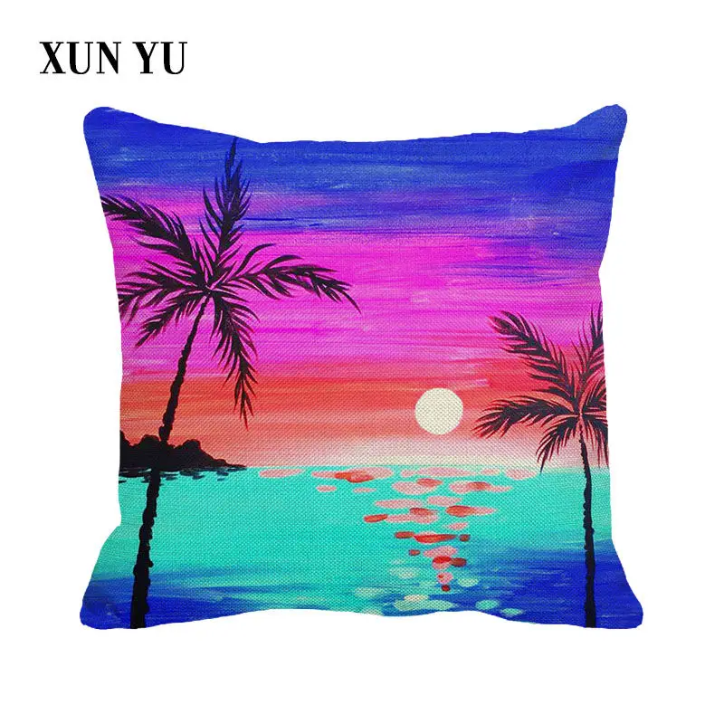 

XUNYU Pillow Case Colored Coconut Tree Cushion Cover Linen Pillowcase Home Decoration Sofa Throw Pillowcase B0076