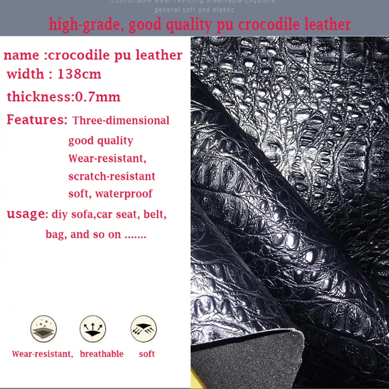 Хорошее качество, черная крокодиловая искусственная кожа, ткань из искусственной кожи, плотная искусственная кожа, ткань для шитья, материал для DIY 69*50 см, 1 шт