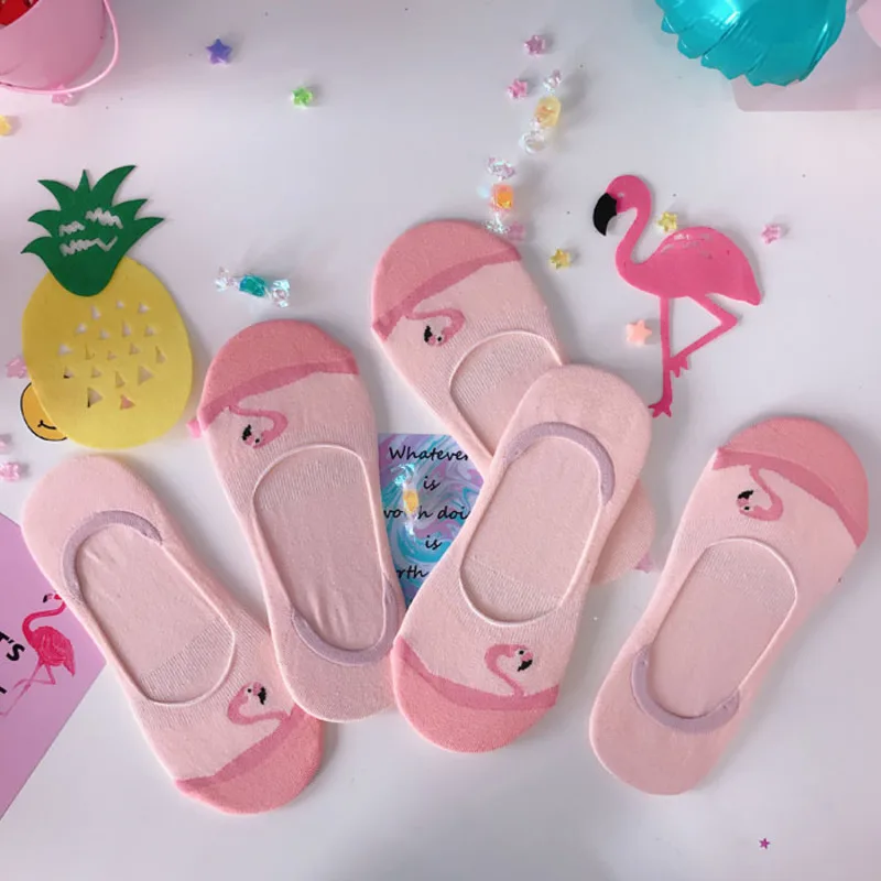 

PEONFLY Japanese funny Cute Version Cartoon Flamingo Socks Low Help Cotton Silica Gel Non-slip Boat Socks Woman Invisible Socks