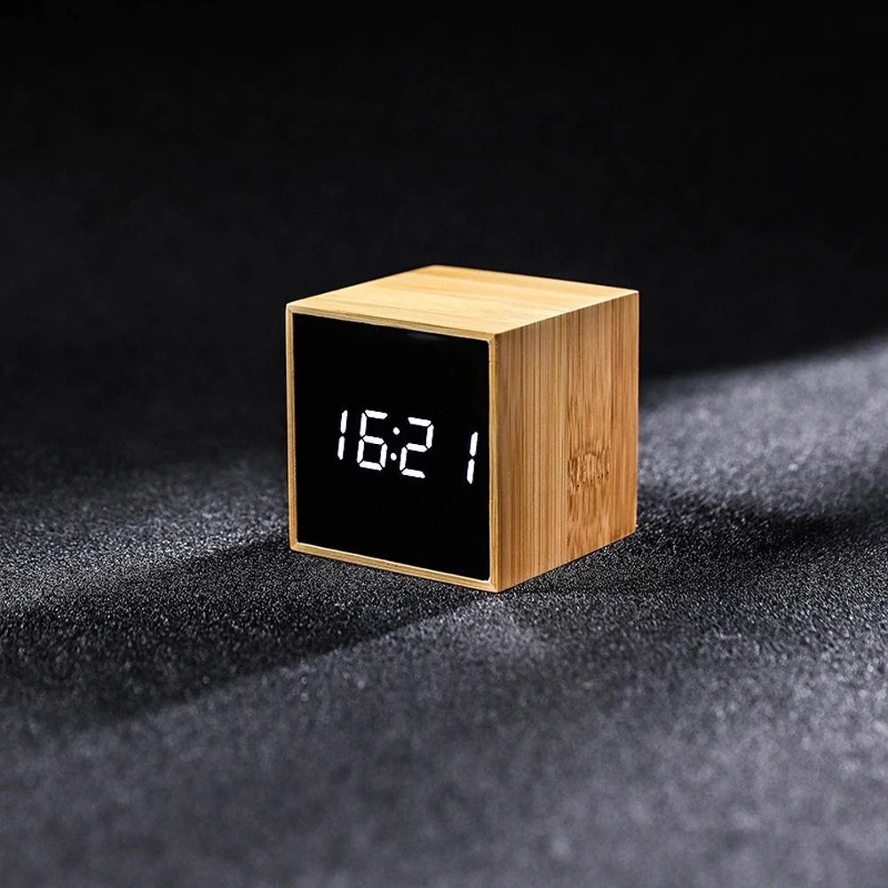 Цифровой светодиодный бамбуковый Деревянный Будильник квадратные часы многофункциональные бесшумные зеркальные часы