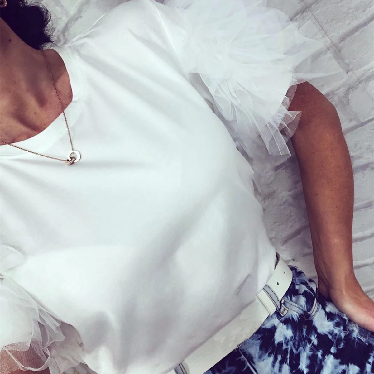 Elegant Women Summer Layered Lace Tulle Ruffle Short Puff Sleeve Shirt Ladies Loose Casual Blouse Top Elegant Women Summer Layered Lace Tulle Ruffle Short Puff Sleeve Shirt Ladies Loose Casual Blouse Top