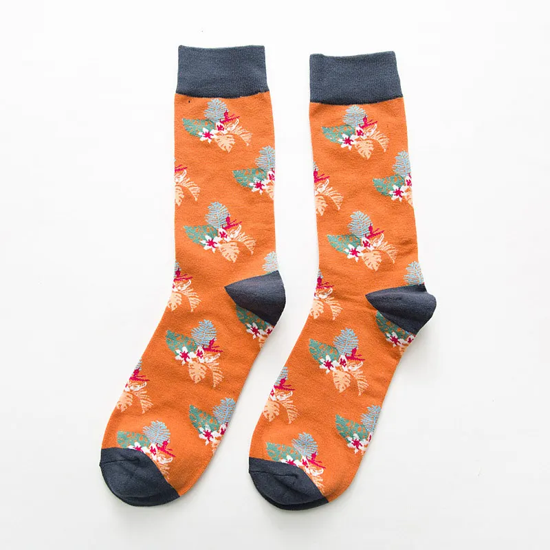 Новинка, хлопковые мужские спортивные носки с рисунком в виде листьев, повседневные носки унисекс в стиле хип-хоп с изображением фламинго, Длинные цветные носки - Цвет: KMH027-2