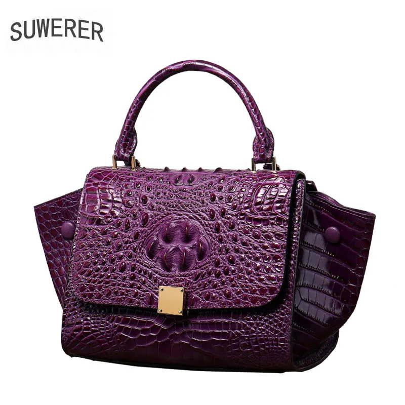 

SUWERER 2019new women leather handbag Superior cowhide Luxury fashion Crocodile pattern women Genuine Leather bag women tote big