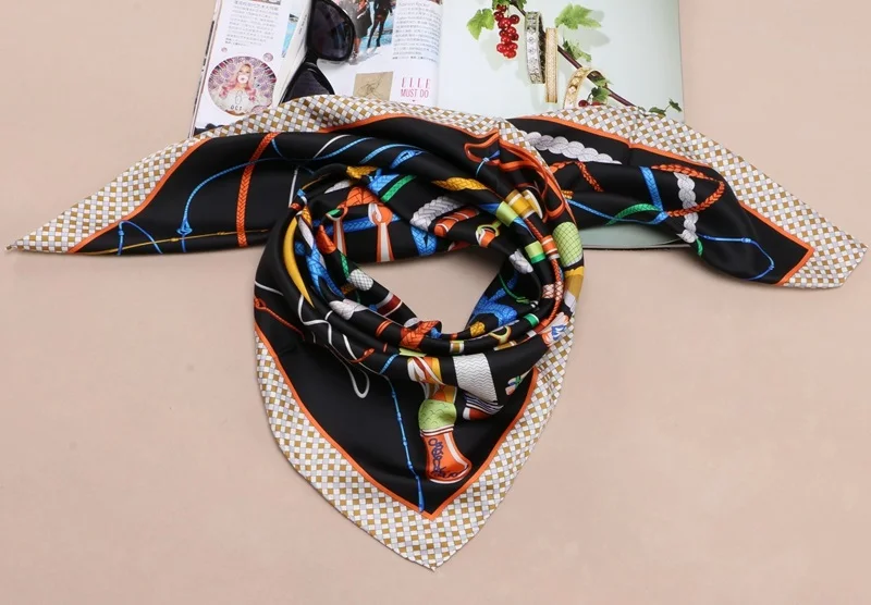 Шелковый шарф хиджаб платок женские квадратные шелковые шарфы шаль 35x35 дюймов - Цвет: Black
