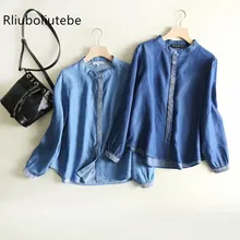 Повседневная Свободная джинсовая рубашка с вышивкой для женщин, Офисная Женская рабочая рубашка из хлопка с длинным рукавом и круглым вырезом, джинсовые светло-голубые Топы в стиле ретро