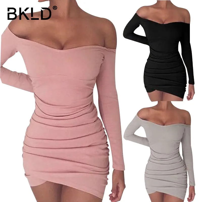 

BKLD Slash Neck Party Dresses Autumn Sexy Long Sleeve Fold Dress Pink Black Gray Short Women Off Shoulder 2017 Package Hip Dress
