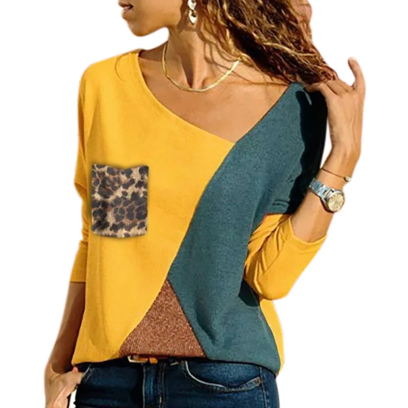 

Women Autumn T-shirts Long Sleeves Round Neck Contrast Color Patchwork Pullover Tops TH36
