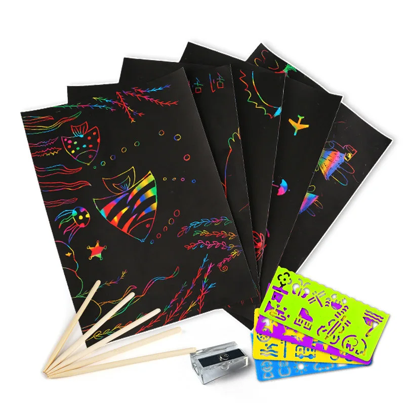 Papel com Graffiti Folhas Faça Você Mesmo Scratch Card Crianças Conjuntos Criativos 32k 16k a4 Arco-íris Riscando Arte Pintura Estêncil Desenho Brinquedo 50