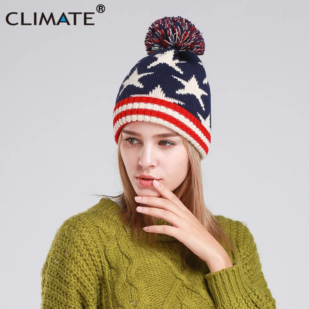 Женские зимние теплые шапки CLIMATE шапка с флагом США вязаная помпоном для девочек