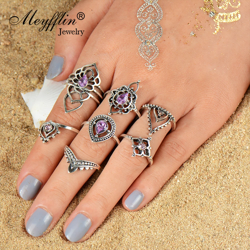 Meyfflin 7 PCS/Set Punk Rings Set Fashion Silver Color Carved Flower