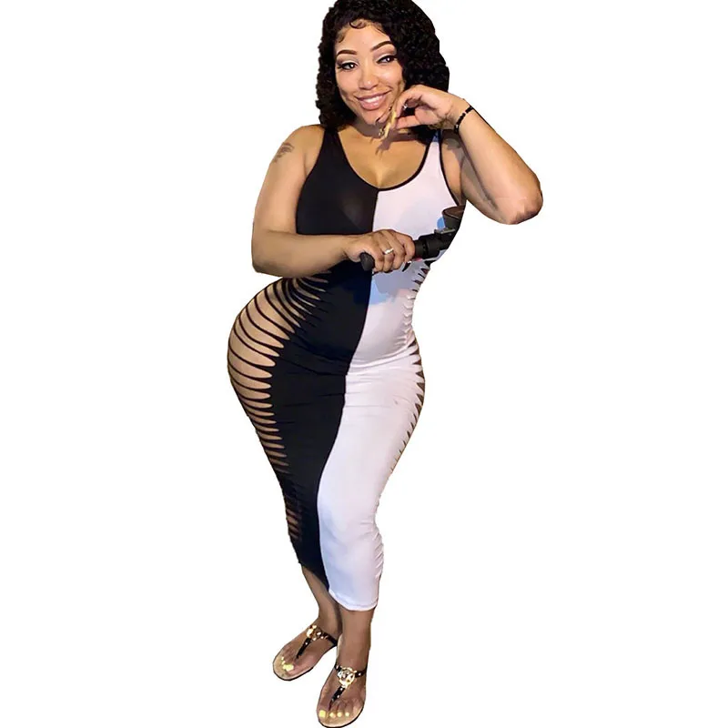 

Sleeveless Hollow Out Tank Sexy Long Dress Women Black White Patchwork Bodycon Maxi Dress Casual Club Party Dresses Vestiods