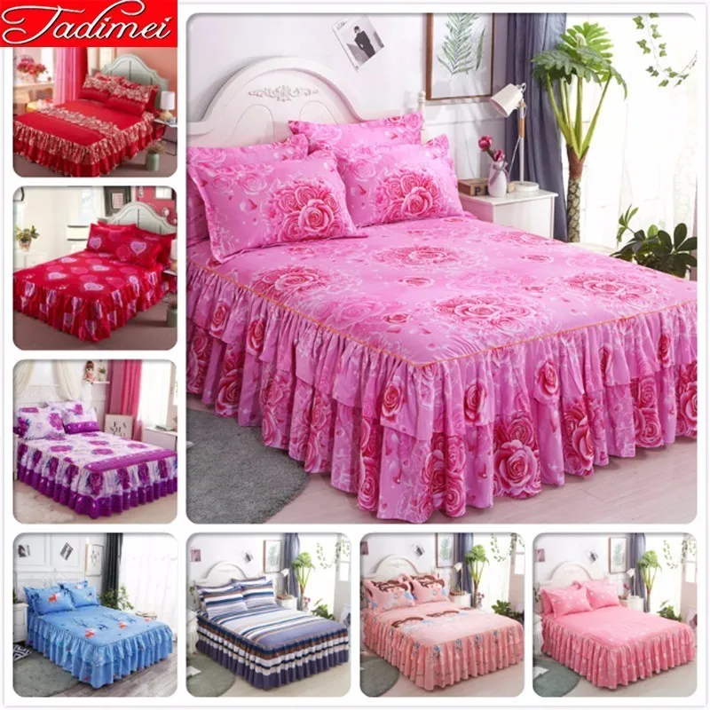 

Pink Couple Adult Wedding Kids Girl Bed Skirts Single Double Twin Full Queen Size Bed Sheet Cover Linen Bedspreads Bedskirt 1.5m