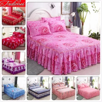 

Pink Couple Adult Wedding Kids Girl Bed Skirts Single Double Twin Full Queen Size Bed Sheet Cover Linen Bedspreads Bedskirt 1.5m