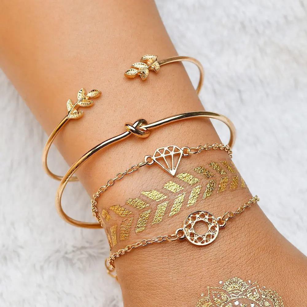 

4pcs/1set Gold Color Leaf Zircon Knot Bracelets & Bangles Bohemian Geometric Love Metal Chain Bracelet Statement Jewelry A149