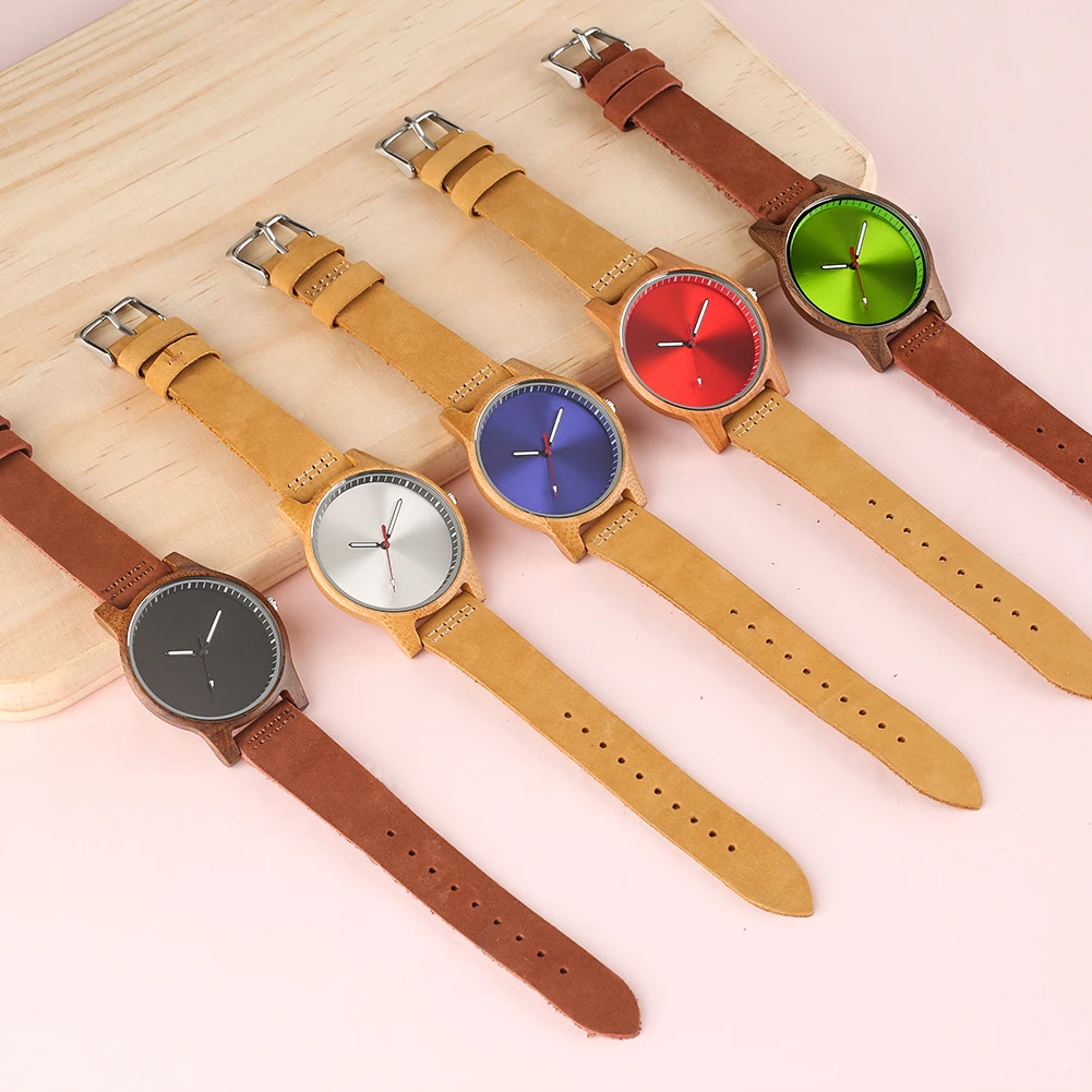 

Simple Elegant Women Size Wooden Watch Slim Leather Wrist Band Unique Color Display Dial Casual Trendy Wood Watches Gift Ladies