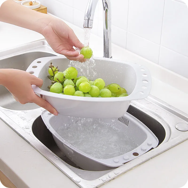 Пластиковая двухслойная корзина для мытья кухни фруктов закрытый сеткой слив